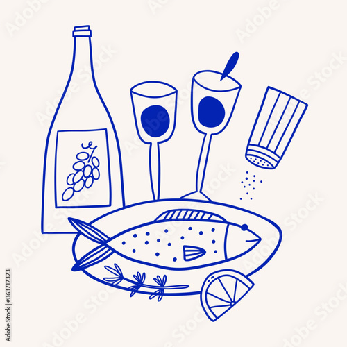 Hand drawn composition with fish and wine.