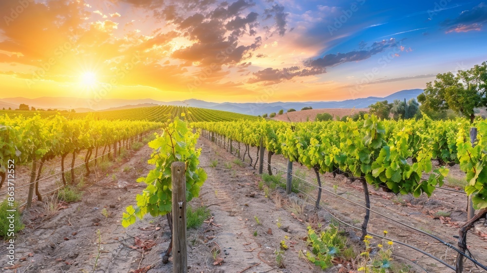 Fototapeta premium Golden sunset over lush vineyard rows in countryside