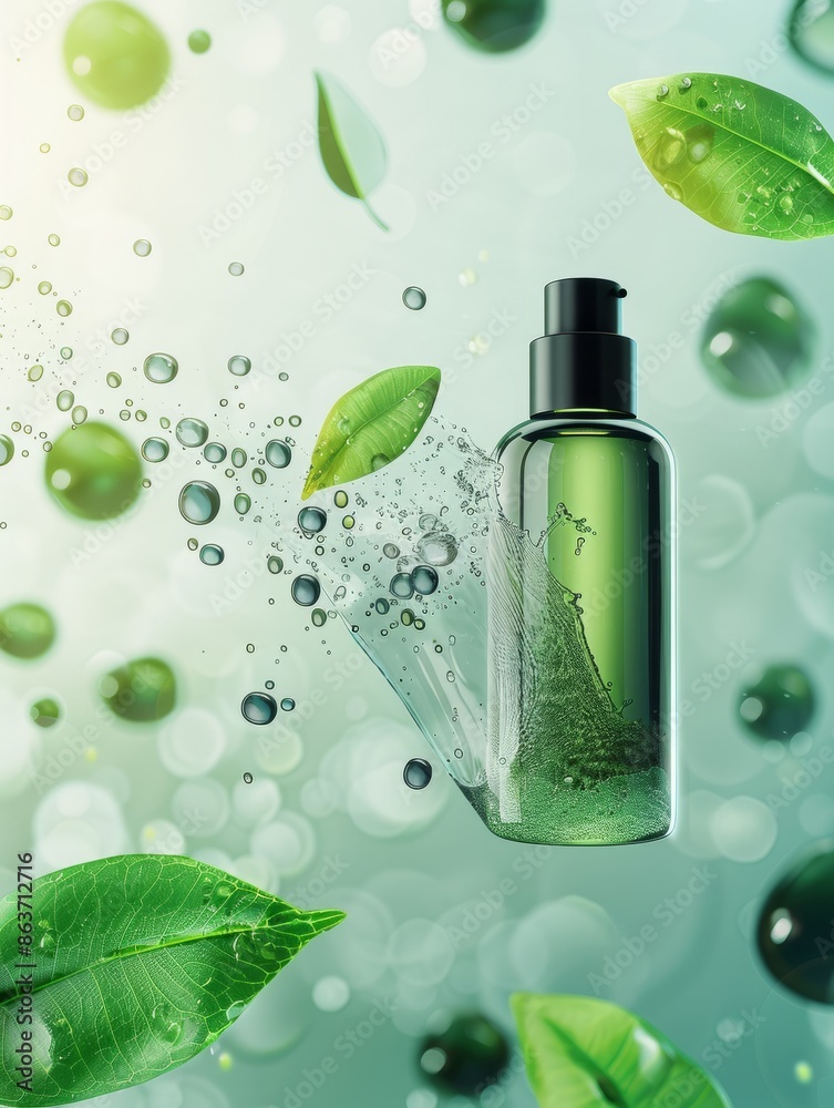 A bottle of black and green shampoo floated in the air, surrounded by clear bubbles and water droplets. In front of it lay two green leaves A bottle of black and green shampoo floated in the air, surrounded by clear bubbles and water droplets. In front of it lay two green leaves