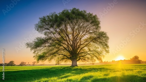 a tree is standing in the middle of a field in front of a sun setting