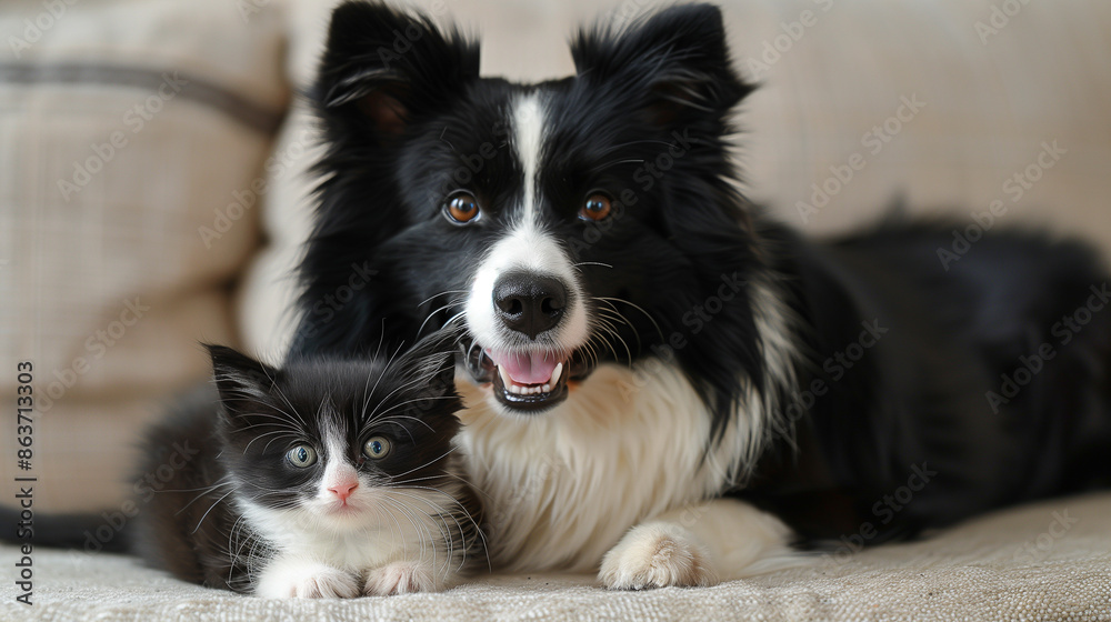 A black and white dog and a matching kitten lie together on a beige couch, both looking at the camera. A black and white dog and a matching kitten lie together on a beige couch, both looking at the camera.
