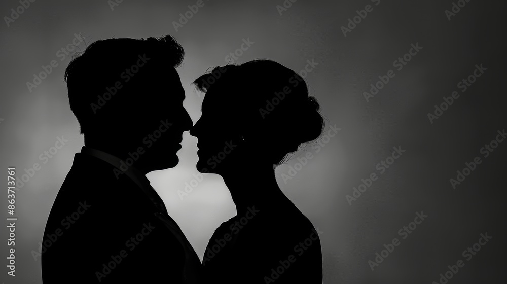 Romantic couple silhouette in intimate embrace, monochrome Romantic couple silhouette in intimate embrace, monochrome