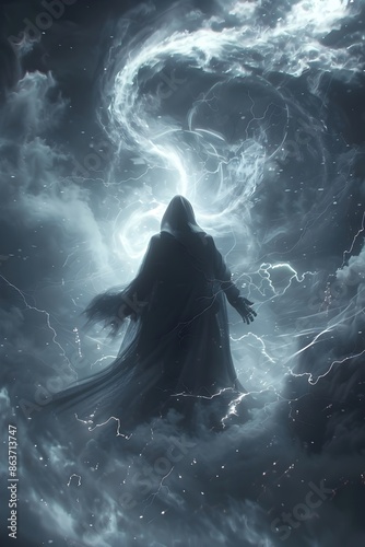 Shadowy Figure Casting Dark Spell with Swirling Energy Tendrils and Ominous Storm Clouds