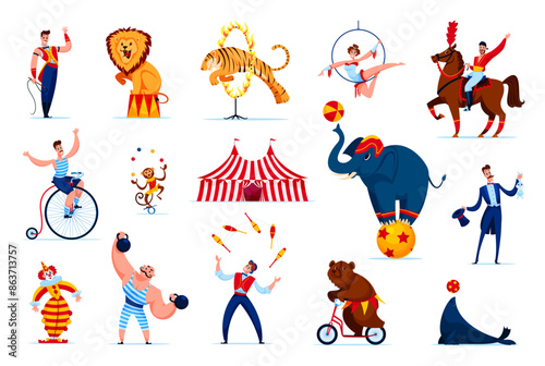 Cartoon chapito circus people characters and animals. Vector acrobat, clown, juggler and magician personages. Cute elephant, lion, horse and bear, trapeze girl and strongman performers at circus stage