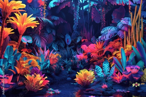 Fototapeta Naklejka Na Ścianę i Meble -  Captivating digital of a lush psychedelic jungle environment featuring vibrant oversized flora and fauna with neon colors and a surreal dreamlike