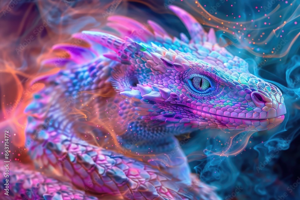 Obraz premium Vibrant Psychedelic Dragon with Captivating Iridescent Scales Enveloped in Swirling Clouds of Neon Smoke Creating a Mesmerizing Otherworldly Scene