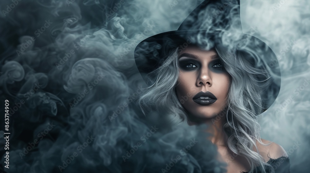 Enigmatic witch in misty ambiance with captivating gaze Enigmatic witch in misty ambiance with captivating gaze