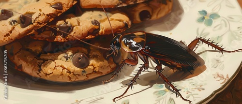 Close-up of a cockroach on a plate of chocolate chip cookies in a domestic kitchen environment. photo