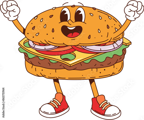 Burger retro groovy barbeque grill character. Isolated cartoon vector cheerful hamburger fast food bbq personage with expressive eyes and happy smile, stands with arms raised in a welcoming gesture