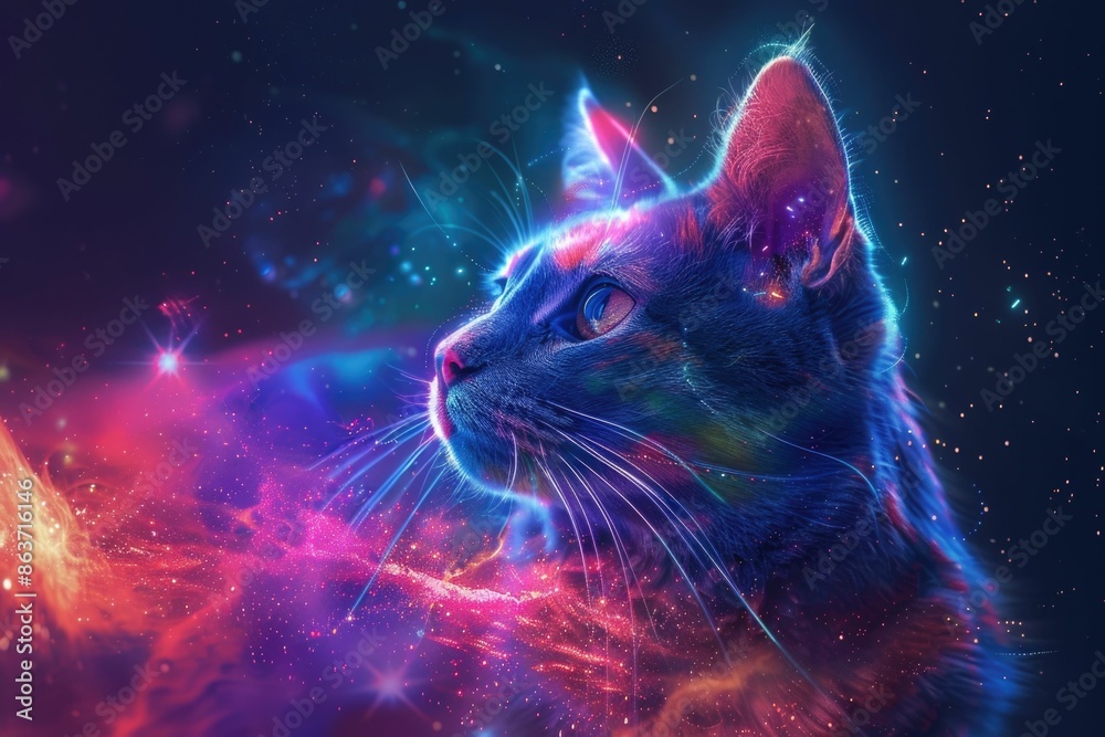 Captivating image of a cosmic cat with vibrant glowing fur surrounded by abstract ethereal space elements and stars The feline appears to be imbued with an otherworldly mystical energy Captivating image of a cosmic cat with vibrant glowing fur surrounded by abstract ethereal space elements and stars The feline appears to be imbued with an otherworldly mystical energy
