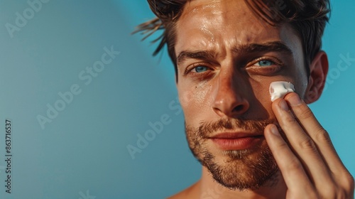 A man applying face cream, emphasizing skincare and self-care routines. photo