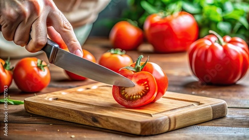 Close-up of slicing fresh tomato on wooden cutting board , Tomato, knife, cooking, preparation, vegetable, healthy, diet, cuisine