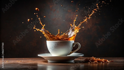Coffee splash in white cup with dark background, coffee, splash, cup, drink, beverage, caffeine, fresh, aroma, morning photo