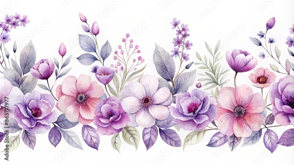 Delicate purple watercolor flowers bloom on a seamless border, set against a pristine white background, creating a beautiful, elegant, and feminine design element. Delicate purple watercolor flowers bloom on a seamless border, set against a pristine white background, creating a beautiful, elegant, and feminine design element.
