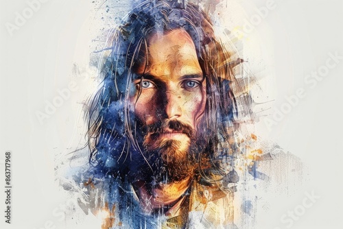 Mesmerizing digital watercolor painting featuring a portrait of a bearded man with long hair showcasing gentle brushstrokes and a stark white minimalist background