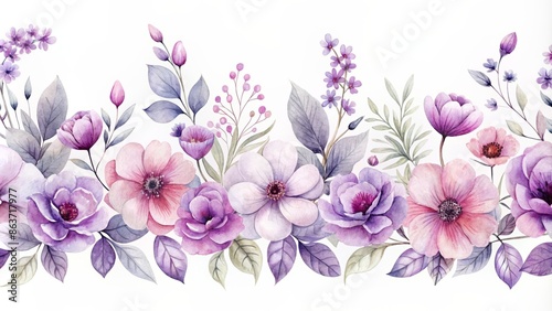 Fototapeta Naklejka Na Ścianę i Meble -  Delicate purple watercolor flowers bloom on a seamless border, set against a pristine white background, creating a beautiful, elegant, and feminine design element.