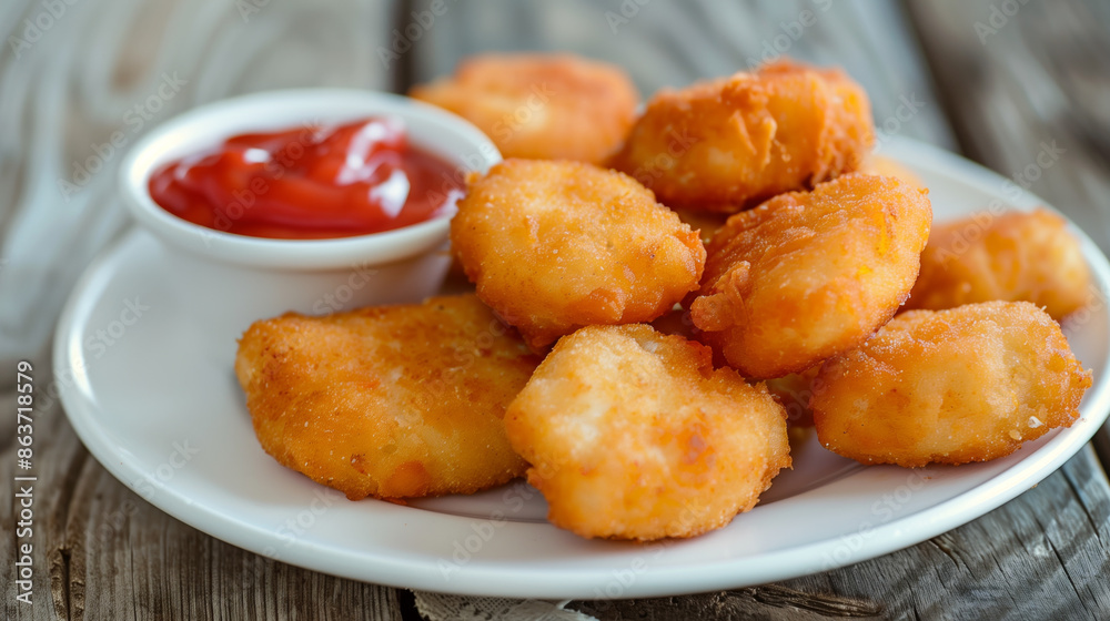 Deep fried chicken nuggets and ketchup