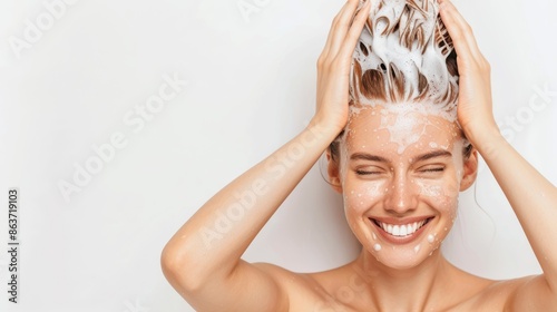 Woman doing a hair care routine with shampoo, conditioner, and hair mask, healthy and shiny hair, beauty tips