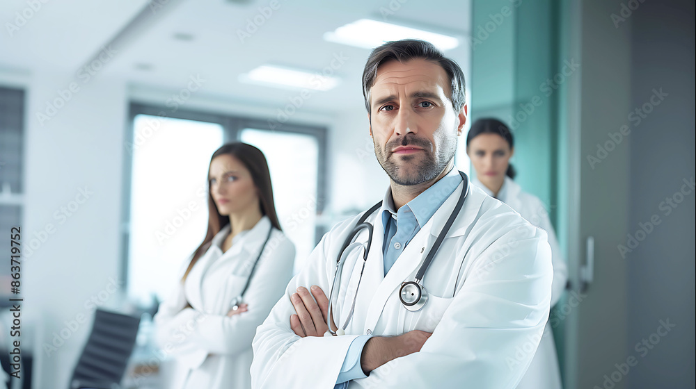Male and female doctors stand with their arms crossed. He wore a white lab coat with a stethoscope hanging from his neck. Male and female doctors stand with their arms crossed. He wore a white lab coat with a stethoscope hanging from his neck.