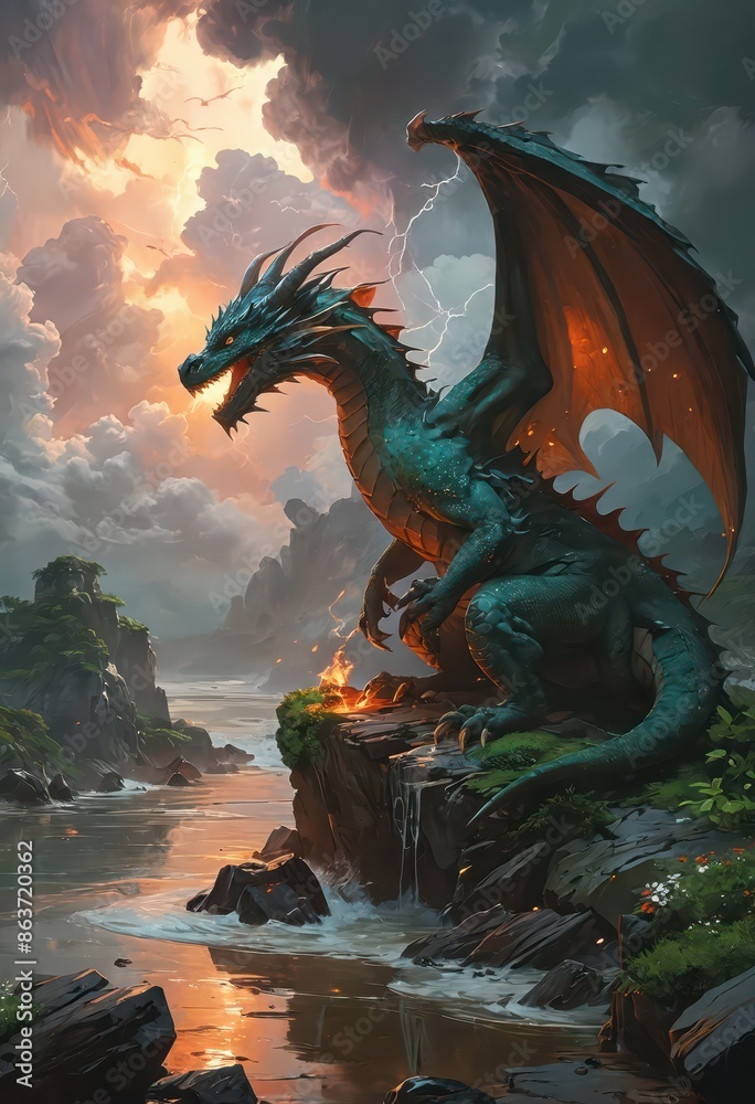Fototapeta premium Green Dragon on Rocky Outcrop.