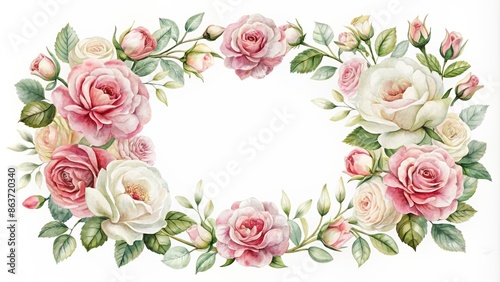 Delicate watercolor frame depicts a beautiful bouquet of pink and white roses, surrounded by intricate wreath design, exuding elegance and sophistication.