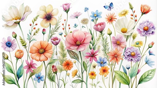 Fototapeta Naklejka Na Ścianę i Meble -  Vibrant, delicate watercolor wildflowers painting on transparent background, featuring soft petals, stems, and leaves in gentle colors, evoking fresh, natural, and whimsical feelings.