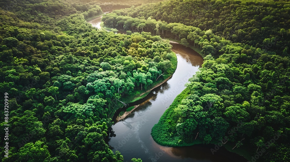 A breathtaking aerial view of a lush forest with a river winding through it A breathtaking aerial view of a lush forest with a river winding through it