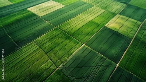 An overview of the sown fields from above, where rectangular crops stand out in contrast with multi-colored areas. photo
