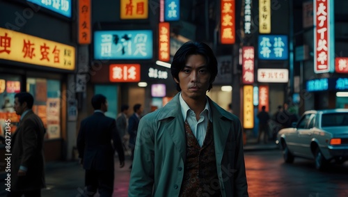 A time-traveling detective hunts a rogue android through the neon-lit streets of 1970s Tokyo ai_generated