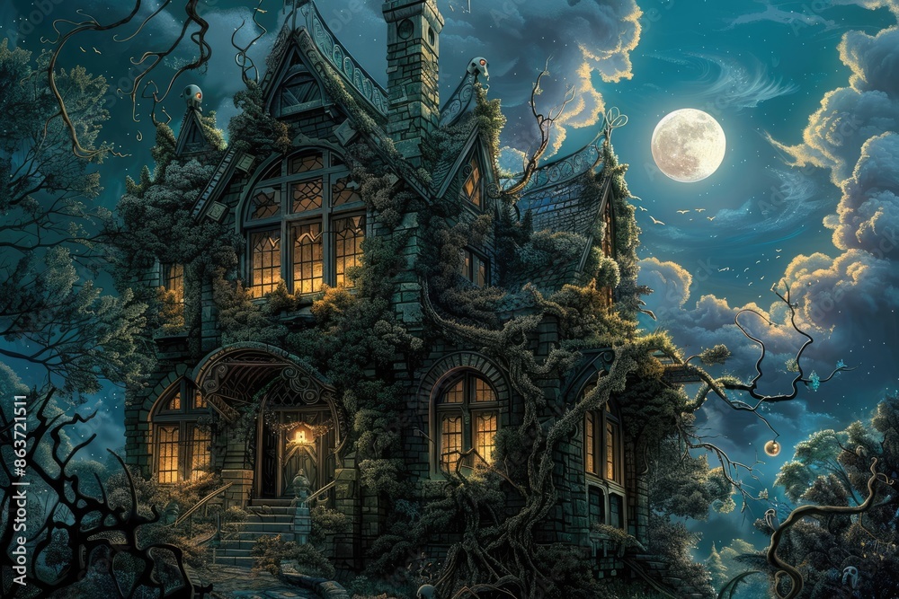 Obraz premium A spooky haunted house with broken windows, overgrown vines, and glowing lights inside, set against a backdrop of a full moon and a cloudy night sky
