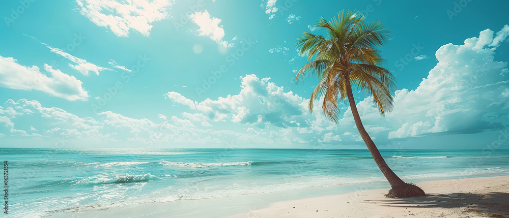Fototapeta premium Beautiful palm tree on tropical island beach on background blue sky with white clouds and turquoise ocean on sunny day. Perfect natural landscape for summer vacation