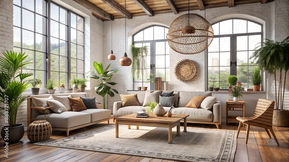 Minimalist Boho Loft Living Room Interior Design. Perfect for: interior design, boho style, loft Minimalist Boho Loft Living Room Interior Design. Perfect for: interior design, boho style, loft