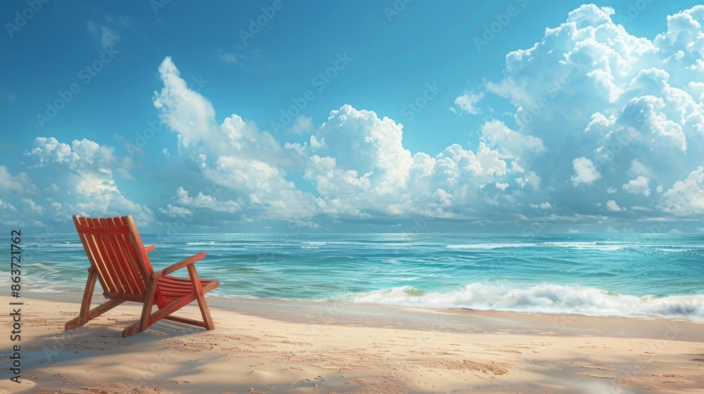 A beach chair placed against the backdrop of a beach with sand and sea creates a summer atmosphere. A beach chair placed against the backdrop of a beach with sand and sea creates a summer atmosphere.