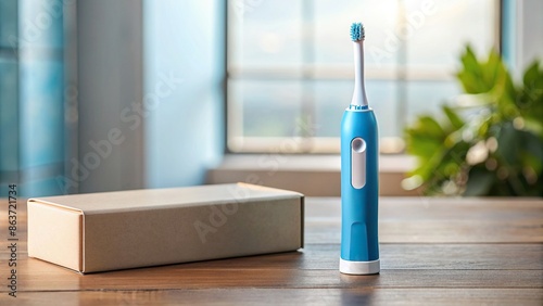 Blue electric toothbrush sitting on table next to box, electric toothbrush, blue, table, box, dental hygiene, oral care photo