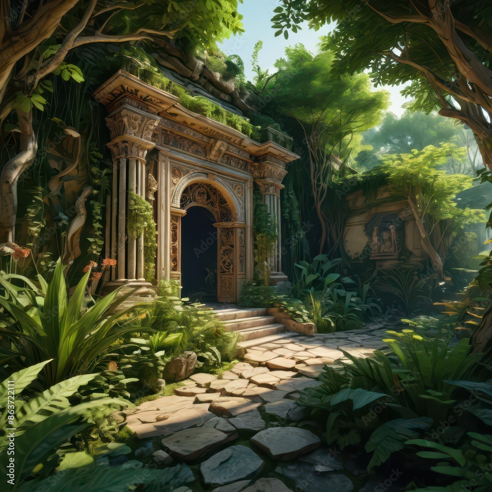 Fototapeta premium Ancient Ruins Overgrown with Lush Foliage.