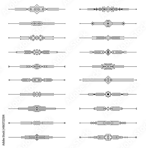 Art deco dividers, underlines or menu border frames and elegant line ornaments, vector elements. Art deco dividers with vintage line ornaments of geometric ornate and antique decorations for underline