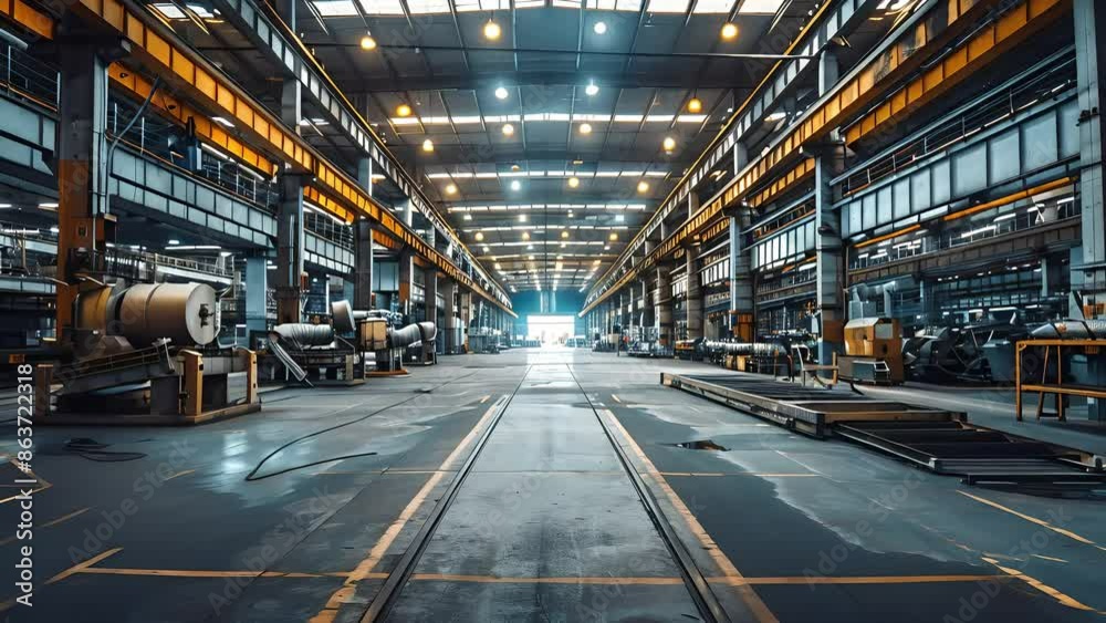 Expansive empty factory floor with silent machinery and assembly lines, illuminated by large overhead lights
Expansive empty factory floor with silent machinery and assembly lines, illuminated by large overhead lights