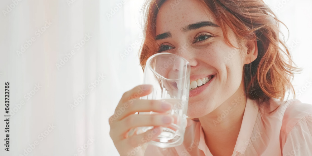 Woman smiling and holding a glass of water Woman smiling and holding a glass of water