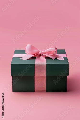 A green gift box with pink ribbon creates an elegant and luxurious atmosphere. The overall composition is symmetrical, highlighting the contrast between dark green and soft pink © 路加 石