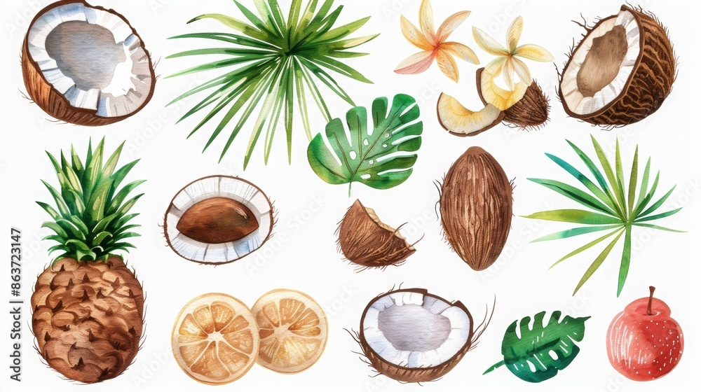 Summer beach pattern with coconut and fruits isolated on white background - vector illustration. Summer beach pattern with coconut and fruits isolated on white background - vector illustration.