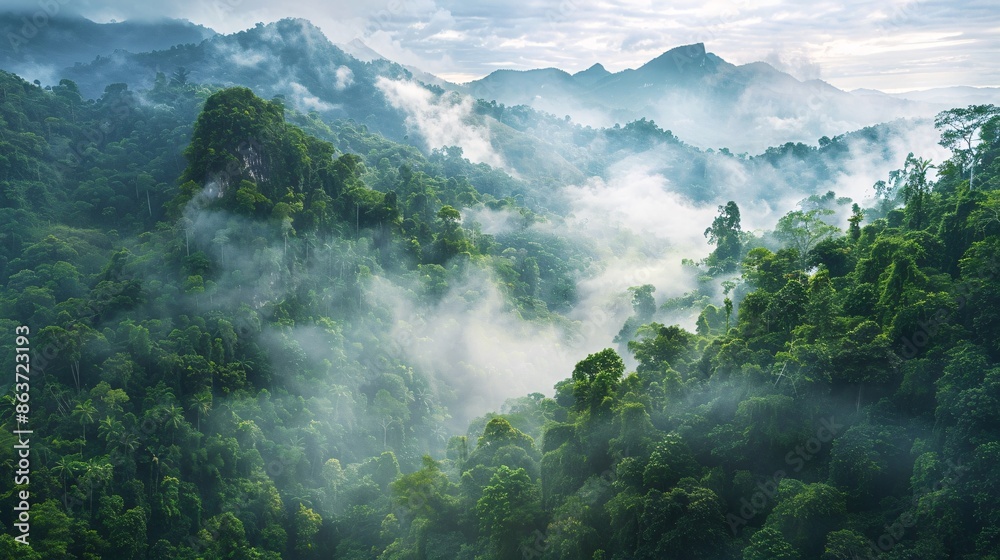 A high-angle shot of a mountain range covered in dense forest, with mist rising from the valleys