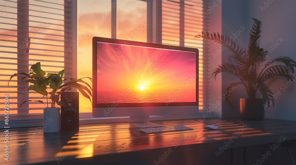 A desktop computer in a simple and minimalist room. A desktop computer in a simple and minimalist room.