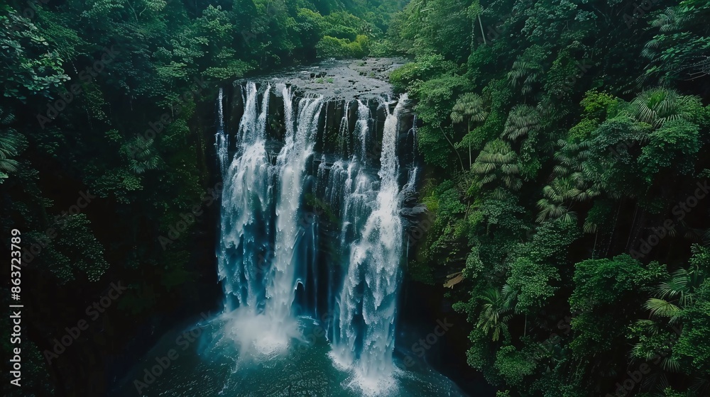 Fototapeta premium A sweeping drone shot of a cascading waterfall in a dense tropical jungle, capturing the dynamic and natural beauty of the landscape