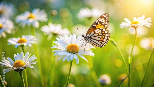 Butterfly resting on a delicate white daisy in a meadow, butterfly, daisy, flower, insect, nature, garden, summer © joompon