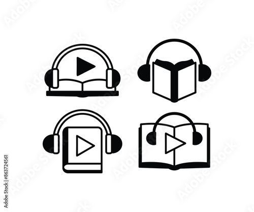 headphone with book education learning icons symbol vector design black white color simple modern illustration collection set