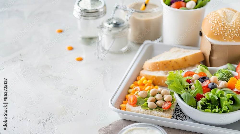Top view of a school cafeteria tray with a healthy lunch, student nutrition, back to school meal Top view of a school cafeteria tray with a healthy lunch, student nutrition, back to school meal