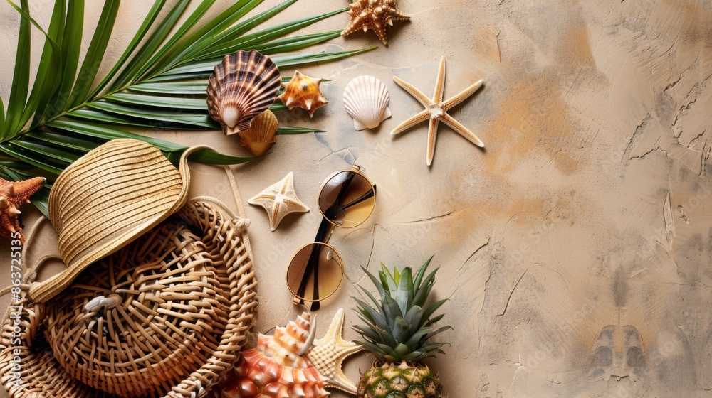 Fototapeta premium Summer scene: straw hat, sunglasses, pineapple, wicker bag, palm leaf, seashells and starfish on a beige background.