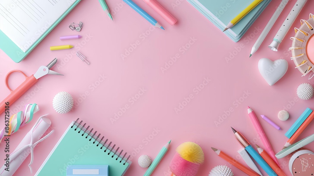 School supplies flat design top view back to school theme 3D render colored pastel School supplies flat design top view back to school theme 3D render colored pastel