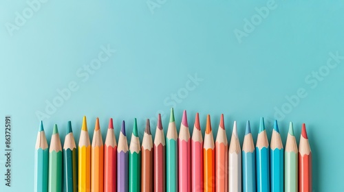 Top view of a row of colored pencils and an adult coloring book, stress relief, back to school mindfulness
