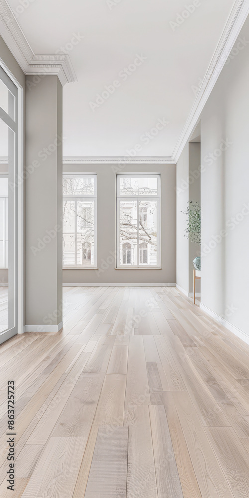 Fototapeta premium Empty room in a luxury property in neutral tones with natural lighting and no furniture. Interiors composition with copy space for advertising.